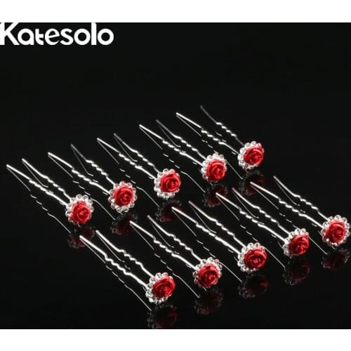Wedding Party Pageant Hair Jewelry Accessories 10Pcs/Set Crystal Rhinestone Rose Flower Hair pins Clips for Bridal Bridesmaid