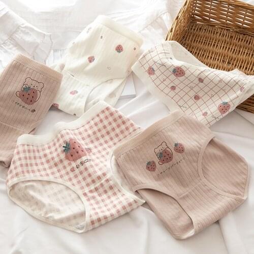 Anewmorn Sweet Strawberry Plaid Cotton Crotch Ladies Underwear Vertical Stripes Girls Breathable Printing Cute Girl Panties