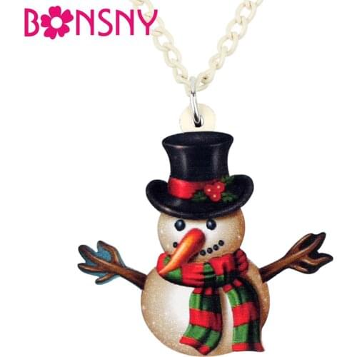 Bonsny Acrylic Anime Christmas Snowman Necklace Pendent Chain Festival Decoration Jewelry For Lady Girl Teen 2019 New Party Gift