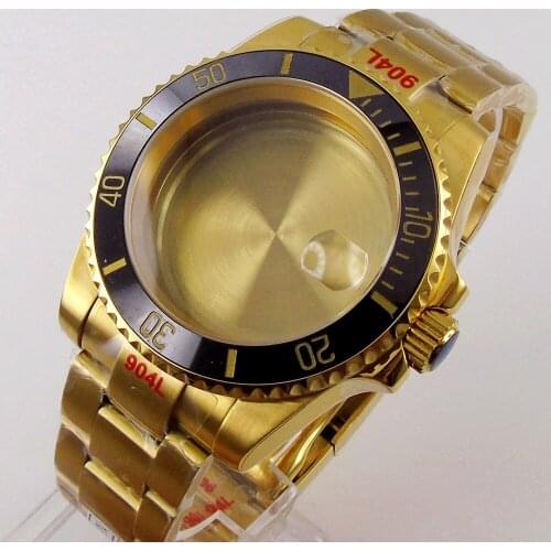 Fit NH35A NH36A ETA2836 MIYOTA DG Yellow Gold Plated 40mm Watch Case Glide Lock Oyster Bracelet Gold Marks Insert Solid Back