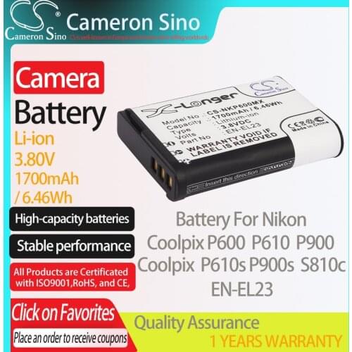 CameronSino Battery for Nikon Coolpix P600 P610 P900 P610s P900s S810c fits Nikon EN-EL23 Digital camera Batteries 1700mAh 3.80V