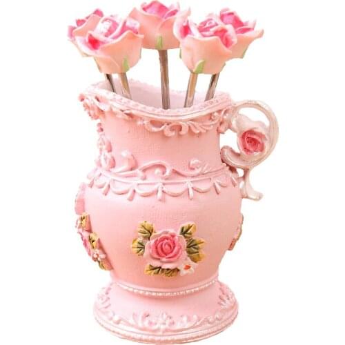 Exquisite vase shaped rose resin stainless steel fruit forks set fashion tableware home decor cake dessert fork ornaments