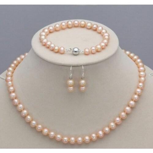 8-9mm Pink Natural Freshwater Pearl Necklace Bracelet Earrings Jewelry Set