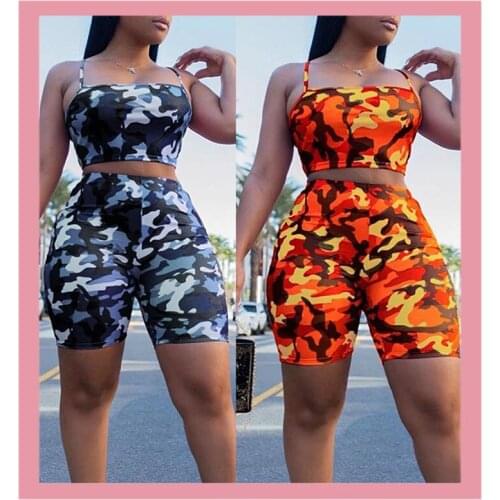 Women Camouflage Two Piece Sets 2020 Crop Top And Biker Shorts Tracksuit Casual Fashion Sports Suit Suspenders Shorts Clothing