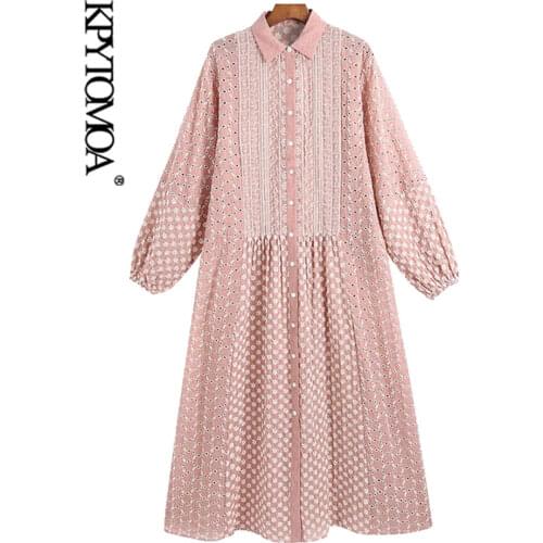 KPYTOMOA Women 2021 Chic Fashion Hollow Out Embroidery Midi Shirt Dress Vintage Lantern Sleeve Button-up Female Dresses Vestidos