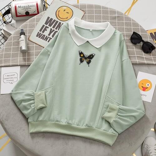 Kawaii Hoodies Women Punk Vintage Butterfly Turn-down Collar Sweatshirt Cute Clothes Harajuku Hoodie Kpop Style Cotton Clothes