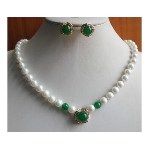 Fashion ladys 8mm white shell pearl decorated with green necklace 14mm earrings jewelry set
