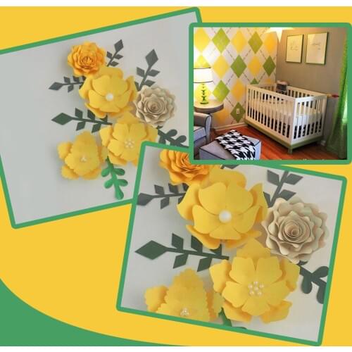 Handmade Yellow Easy Made DIY Paper Flowers Green Leaves Set 4 Nursery Wall Deco Baby Shower Girls Room Backdrop Video Tutorials