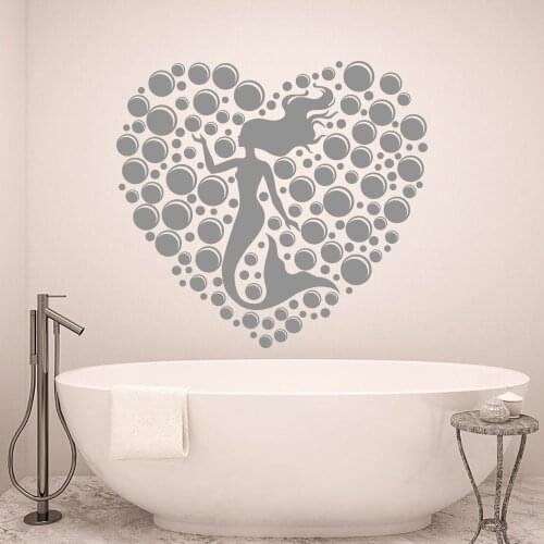 Mermaid Silhouette Wall Decal Water Bubble Heart Art Vinyl Window Stickers Kids Girls Bedroom Bathroom Home Decor Wallpaper E054