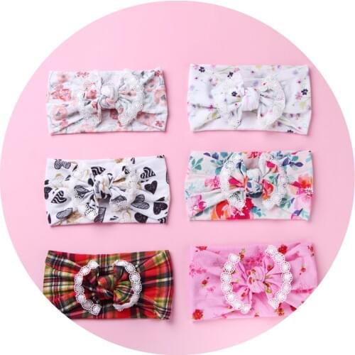 Print Hair Bows Headband For Children Lace Trimming Hair bands Turban Headbands For Girls Toddler Baby Girl Hair Accessories New