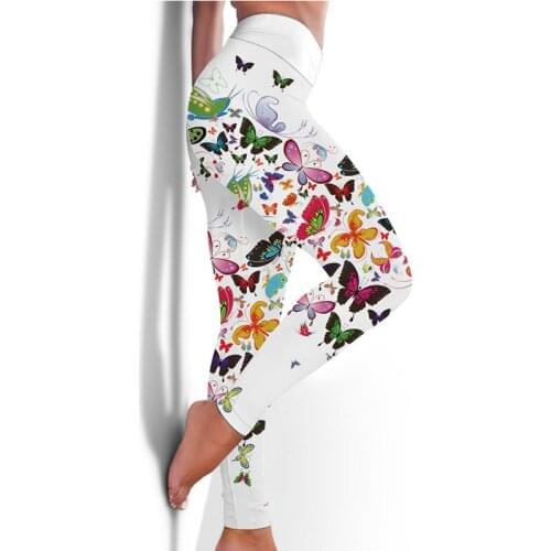 Butterfly print high waist plus size pants capris White gym workout sport leggings Fitness elastic seamless tights trousers