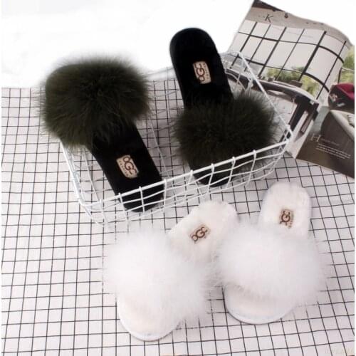 Real Raccoon Fur Slippers Women 2020 Sliders Casual Fox Hair Flat Fluffy Fashion Home Summer Big Size 45 Furry Flip Flops Shoes