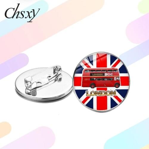 CHSXY Modern Double-decker London Bus Brooches England Souvenir Red Sightseeing Bus Art Picture Glass Cabochon Lapel Pins Badges