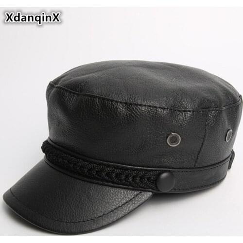 XdanqinX New Genuine Leather Hat Army Military Hats For Men Women Autumn Winter Fashion Cowhide Leather Flat Cap Gorra De Cuero