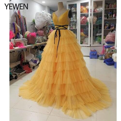 Bright Yellow Tulle Maternity Dress for Photoshoot Woman Party Wear Lace Up Wedding Guest Dress Photography Gown YEWEN 2021