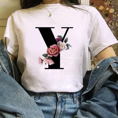 Women T-shirt 26 English Letters Flower Graphic Print Summer New Fashion Short Sleeve Ladies Tshirts Casual tee shirt femme
