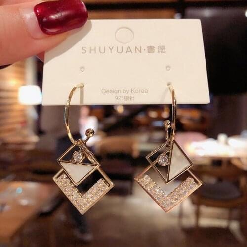 Womens Earring Geometry Square Dangle Earrings Girl Shell Zircon Rhinestone Earring for Women Jewelry Accessories