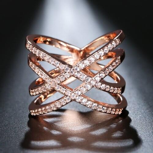 Kinel 2020 Hot Rose Gold Womens Rings Geometric lines Cross Fashionable Zircon Engagement Ring Crystal Jewelry Gift