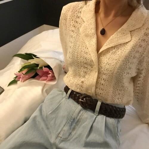 Women Chic Lace Tops Shirts Casual Long Sleeve Hollow Out Elegant Ladies Shirts Spring Summer Vintage Turn-down Collor Shirts
