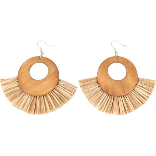 ZWPON 2019 New Round Natural Wood Raffia Fan Fringe Earrings for Women Bohemian Tassel Earrings Wholesale