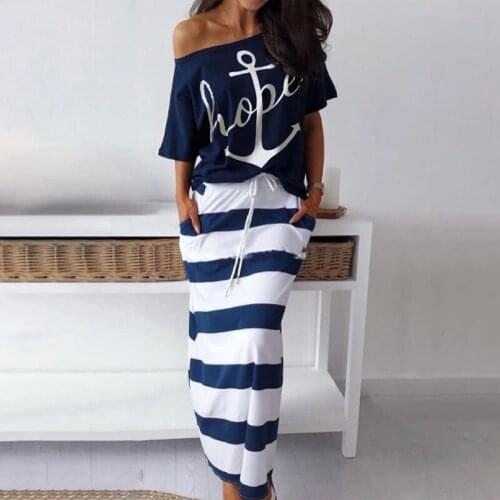 Summer Boat Anchor Top Print Stripe Dress Short Sleeve Off Shoulder Beach Skirts And Top Casual Loose 2 Piec O-Neck Women Set