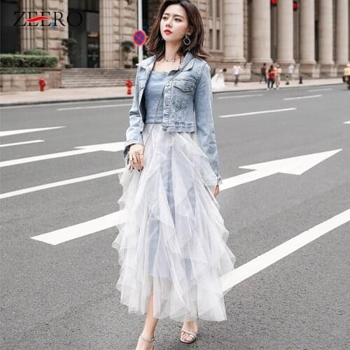 2019 Autumn Casual Denim Jacket Suit 2 Piece Sets Women Outfits Female Jeans Short Coat + Sexy Mesh Stitching Strap Dress Suits