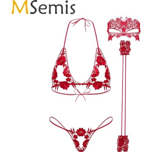 MSemis Women Floral Embroidery Lingerie Suit Hollow Out Lace-up Bra Crotchless G-string with Cuffs Eye-mask Exotic Sets Clubwear