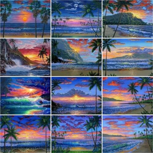 HUACAN Diamond Painting Seaside Landscape Full Square/Round Diamond Embroidery Sunset Mosaic Home Art Gift