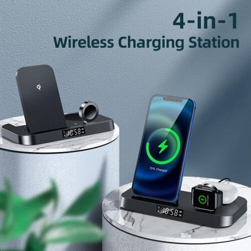 15W Fast Wireless Charger 4 in 1 Qi Charging With Time Dispay Dock Station For iPhone 12 11 8 PlusPro Apple Watch AirPods Pro