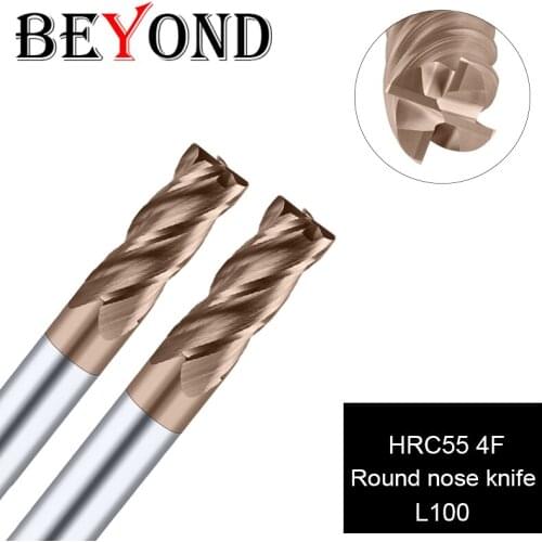 BEYOND HRC 4F Roude Nose Cutter L100 Tungsten Steel Milling Cutter Carbide CNC Center Cutting Tool Woodworking Tool End Mills