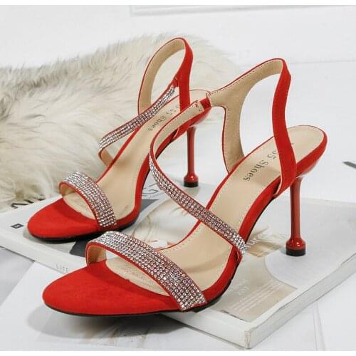 Women sandals Flock Sequined Cloth Slip On 8.5CM Thin Heels High heels Round Toe Rhinestones Bling Shallow women shoes black