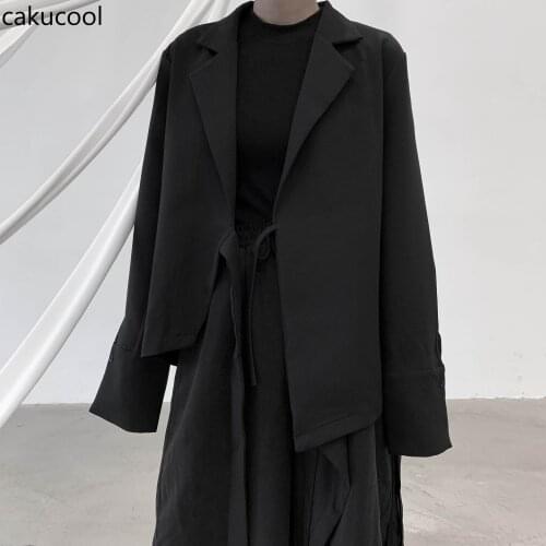 Cakucool Japanese designer V-neck irregular small black suit jacket design feel spring waist suit large size
