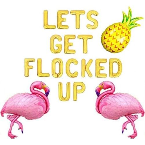 Lets Get Flocked Up Foil Balloons, 16 inch Gold Letter Mylar Balloons Banner Hawaii Luau Flamingo Pineapple Balloons