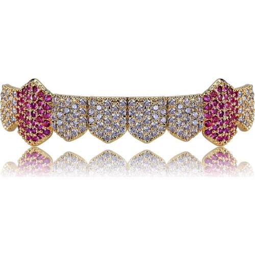 Hip Hop Fang Bottom Teeth Grillz for Men Mixed Color CZ Rhinestone Paved Bling Iced Out Rapper Jewelry Gold Color