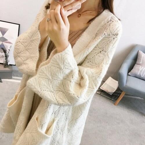 Hollow Cardigan Shawl Coat Spring Autumn Korean Women Loose Sweater Outwear All-match Solid Female Knit Cardigan With Pockets