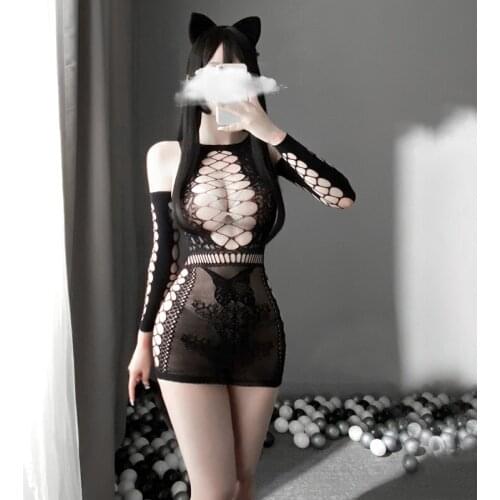 Cat Cosplay Bodystocking Sexy Erotic Lingerie Kawaii Headband Furry Tail Black White Set Temptation Costume Hot Outfit For Women
