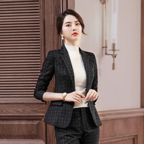2 piece set womens tops and blouses fashion plaid suit professional suit female Slim long sleeve suit jacket pants two sets