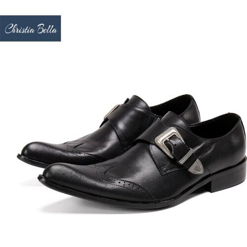 Christia Bella Italian Handmade Men Oxford Shoes British Carving Monk Strap Brogue Shoes Black Party Office Lace Up Dress Shoes