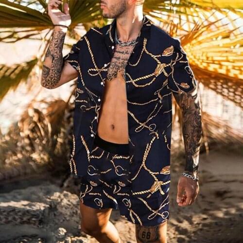 Summer Retro Printing Casual Set Men Clothes 2021 Fashion Lapel Short Sleeve Shirts And Loose Shorts Beach Suits Mens Streetwear