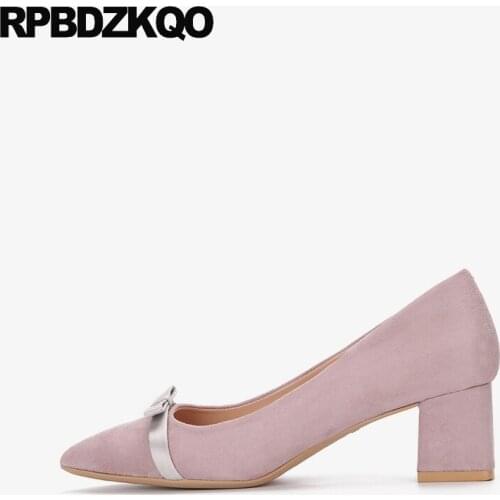 Casual shoes women slip on chunky designer pumps luxury size 4 34 black bow pointed toe fashion suede thick 2019 block purple