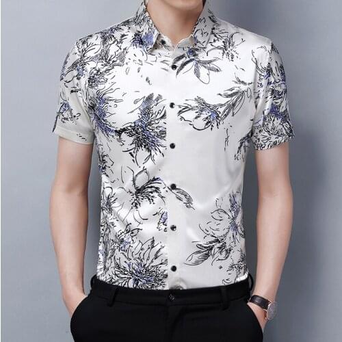 Mens Silk Shirt Summer Floral Printed Streetwear Male Smooth Satin Silk Dress Shirts Short Sleeve Soft Clothes