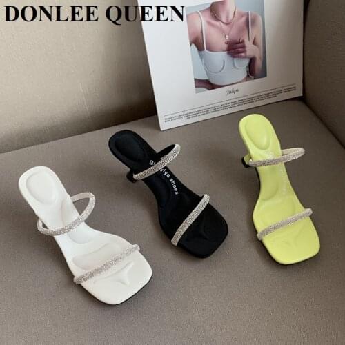 2021 New Summer Slippers Women Fashion High Heels Square Toe Slides Rhinestone Sandal Brand Mule Elegant Party Dress Bling Shoes