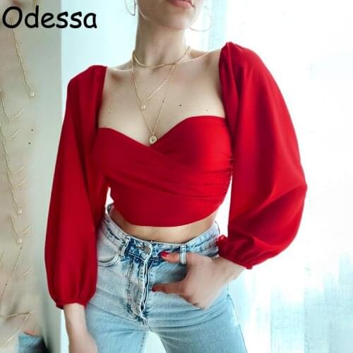 Odessa Red Sexy Chic Long Sleeve Corset T Shirt 2021 Fashion Autumn Ruched Bandage Backless Y2K Crop Top for Women Clothing