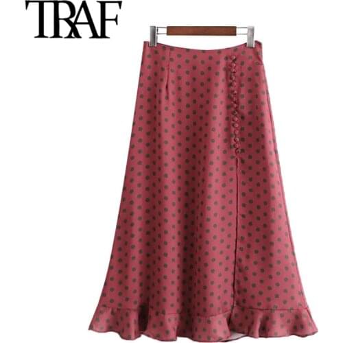 TRAF Women Chic Fashion With Buttons Polka Dot Ruffle Midi Skirt Vintage High Waist Back Zipper Female Skirts Mujer