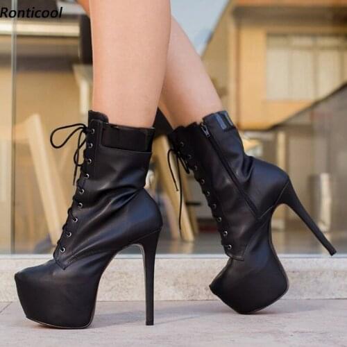 Ronticool New Handmade Women Winter Platform Ankle Boots Lace Up Stiletto Heels Round Toe Elegant Black Party Shoes Size 35-52