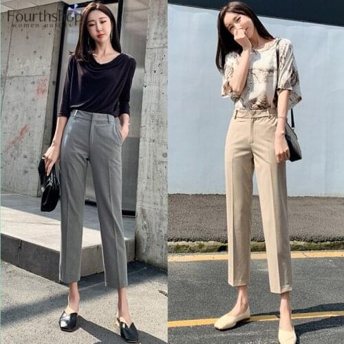 Women Pants Casual Straight Leg Ankle-length Grey Black Trousers Female Office Lady Formal Pants Plus Size 2021 Summer Autumn
