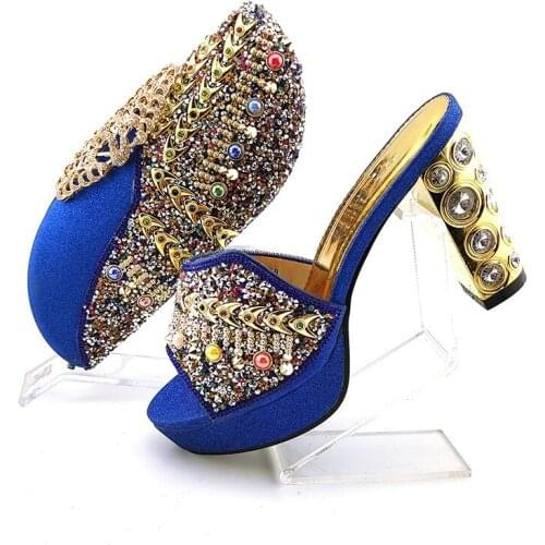 Wonderful royal blue women pumps with crystal decoration heel style african dress shoes match purse set QSL018,heel 10.5CM
