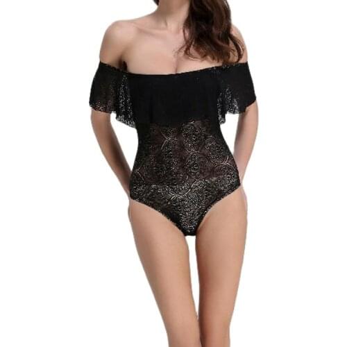 2018 New Lace Flouncing Women Off Shoulder Bodysuits Sexy Black White Frills One Piece Swimsuits S To XL