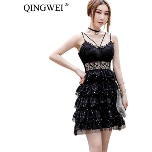 QINGWEI 2019 new suspenders dress women summer sexy lace perspective backless club black female dress elegant Polyester dresses