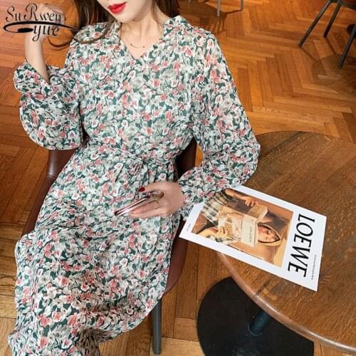 Korean Style Floral Print Casual Dresses 2021 Spring V-neck Vintage Dress Women Long Sleeve Chiffon Dress Robe Femenino 13195
